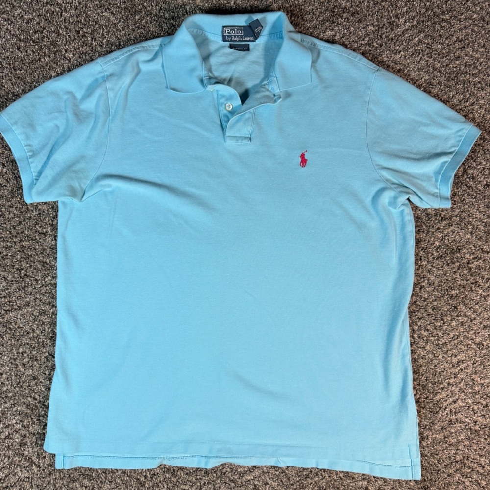 Polo Ralph Lauren Mens XL Custom Fit Light Blue Mesh Polo Pink Pony